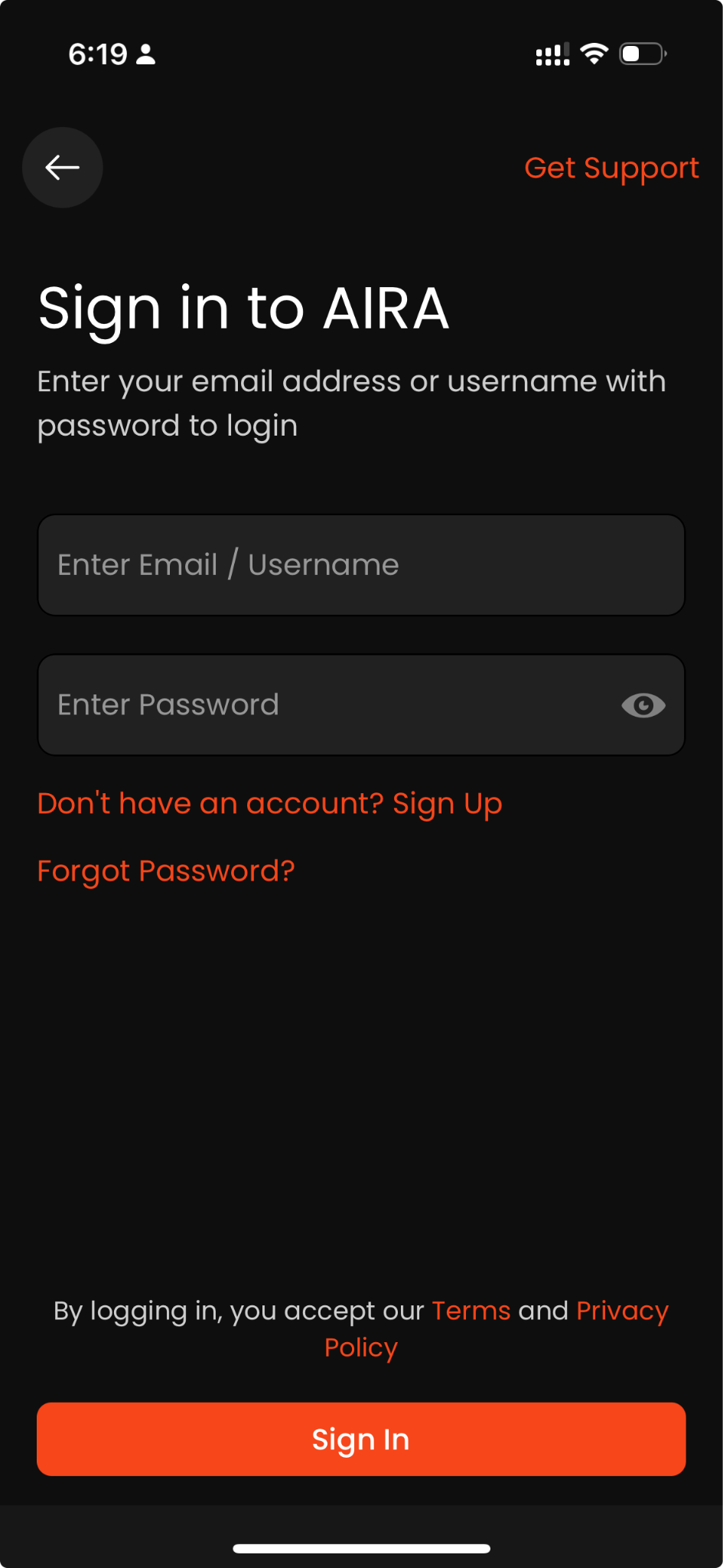 Sign in and FAQ screen